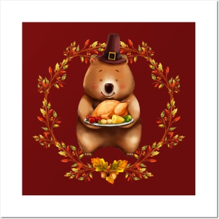 Thanksgiving Bear With Turkey Dinner Posters and Art